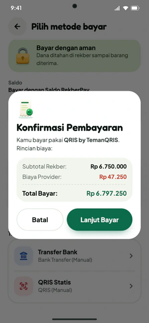 Dialog Konfirmasi Pembayaran dengan rincian subtotal, biaya, dan total bayar