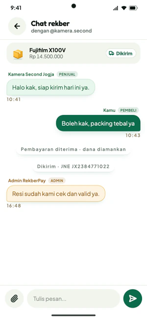 Chat rekber antara penjual, pembeli, dan admin RekberPay