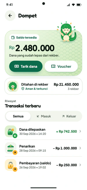 Dompet: saldo tersedia, dana ditahan di rekber, tombol Tarik dana, dan transaksi terbaru