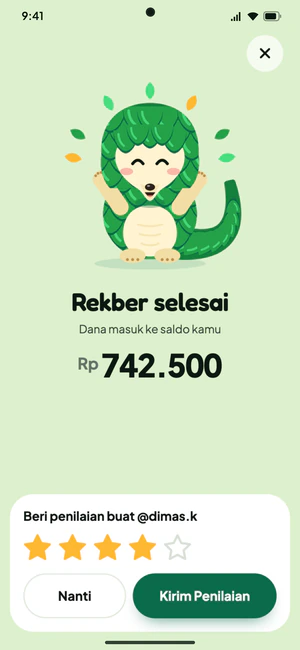 Rekber selesai: dana masuk ke saldo, lalu form penilaian bintang untuk lawan transaksi