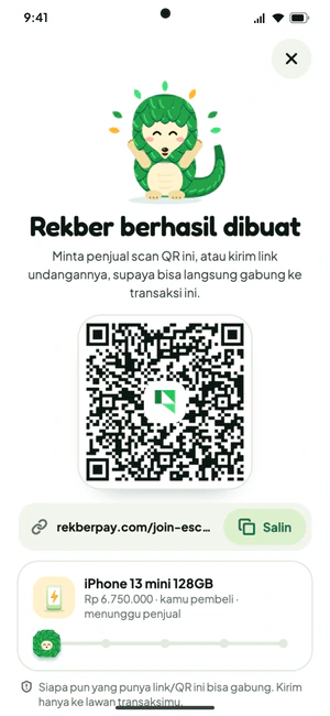 Rekber berhasil dibuat, dengan QR undangan dan link rekberpay.com/join-escrow yang bisa disalin